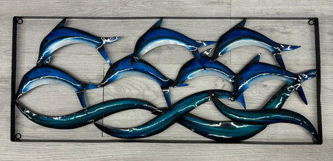 SALE - Framed Blue Leaping Dolphins Metal Wall Art 75cm