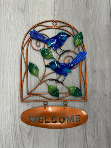 Welcome Sign - Blue Wrens Metal Wall Art 30cm