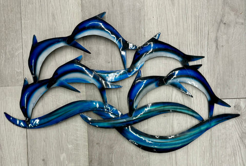 SALE - Blue Leaping Dolphins & Waves Metal Wall Art 45cm