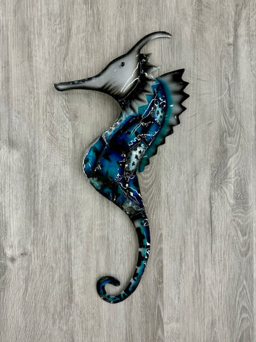 Blue & Silver Left Facing Seahorse Metal Wall Art 53cm