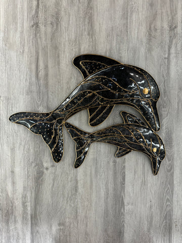 Dolphin Duo Black & Gold Metal Wall Art 55cm