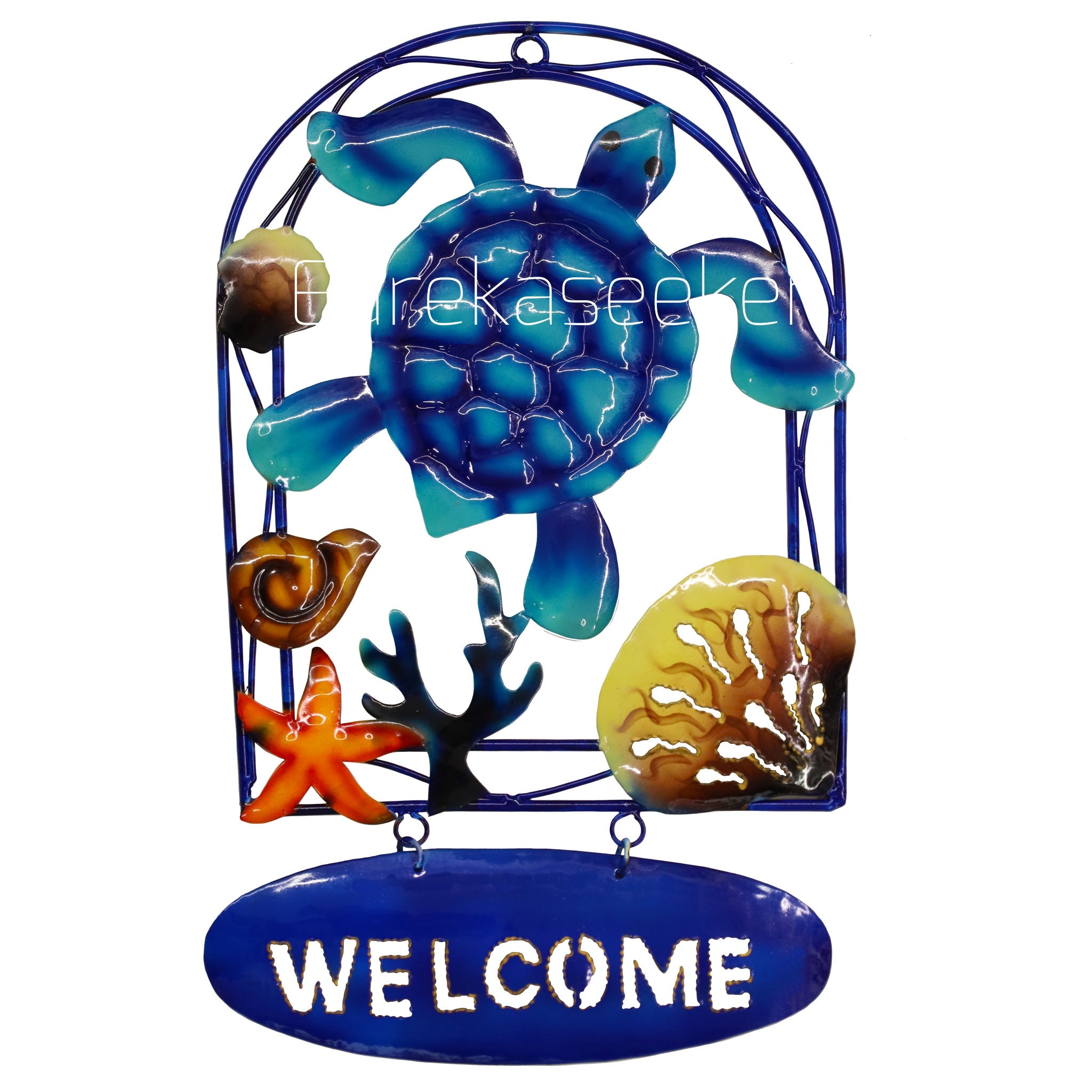 Blue Turtle Welcome Sign Metal Wall Art 30cm
