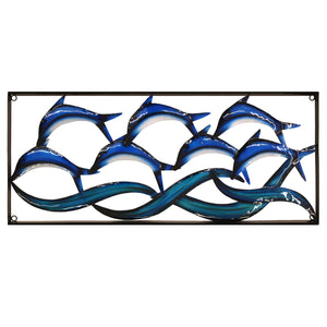 Framed Blue Leaping Dolphins Metal Wall Art 75cm